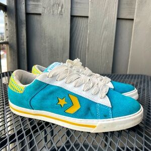 Converse All Star Shoes Womens Size 10 Blue Suede Leather Low Top Yellow Chevron